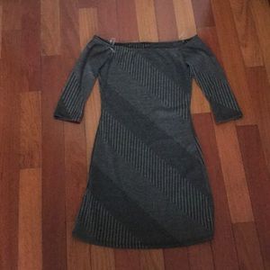 Over the shoulder grey dress.